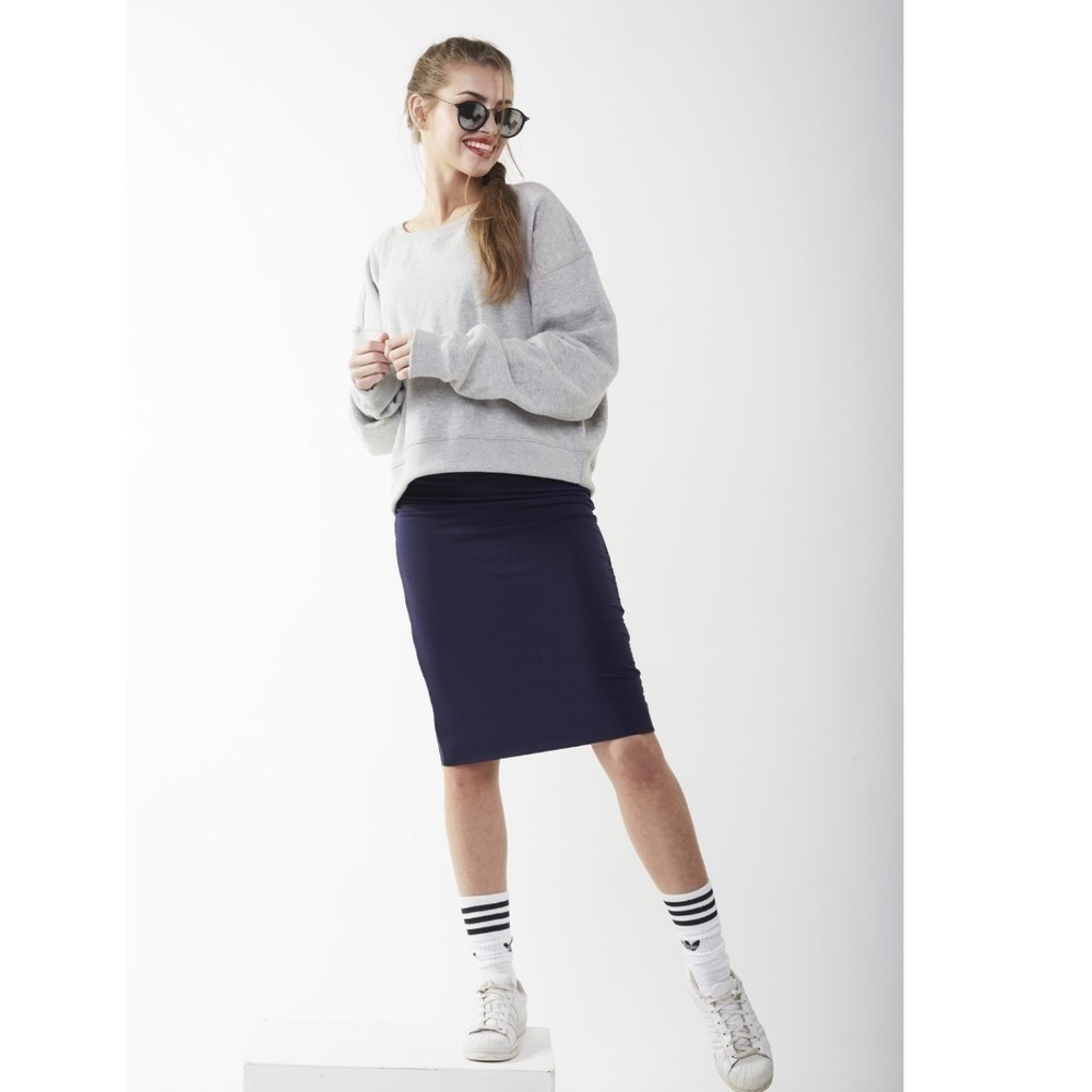 NEW Navy Tube Modest Foldover Bodycon Midi Skirt